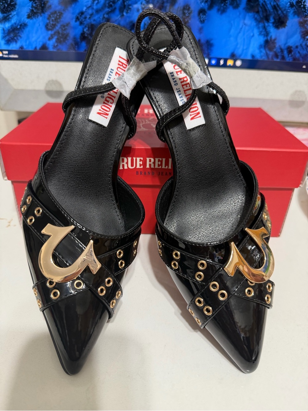 True Religion Black Patent Pointed-Toe Mules with Gold Hardware - Picture 8 of 9